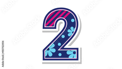Decorative Number Two With Floral Pattern Pink Stripes and Blue Flowers On Dark Blue Background
