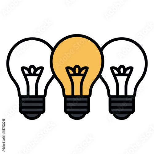 One illuminated light bulb stands out among others that are off.