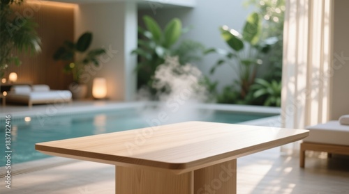 Minimalist wooden table by poolside in modern luxury villa