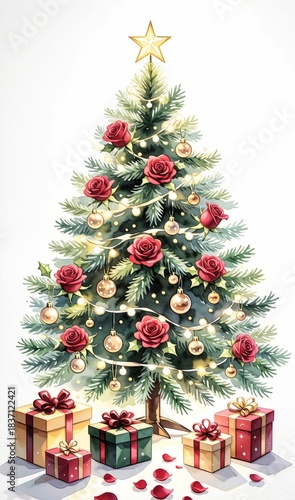 Festive Christmas tree adorned with roses and gifts under warm lights