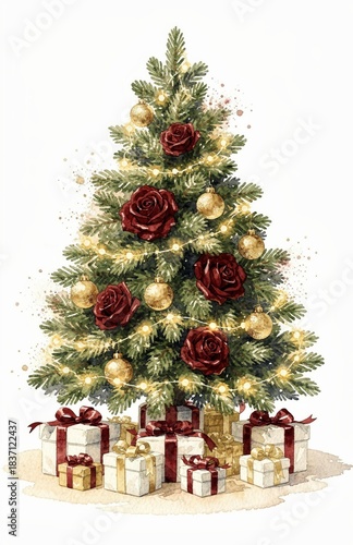 Watercolor Christmas tree with red roses and gifts