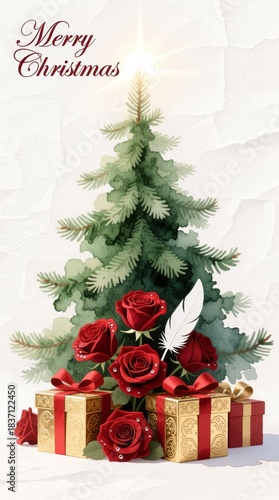 Merry Christmas tree with red roses and gifts in watercolor style