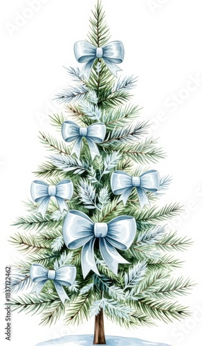 Festive evergreen tree adorned with elegant light blue bows in winter scene