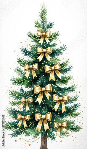 Elegant Christmas tree adorned with golden bows and glitter