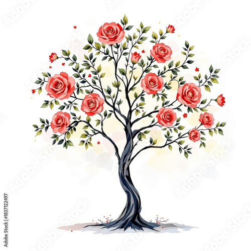 Rose tree with blooming flowers and green leaves