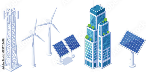 Renewable energy, solar panels, wind turbines, telecom tower, green building, eco-friendly, infrastructure