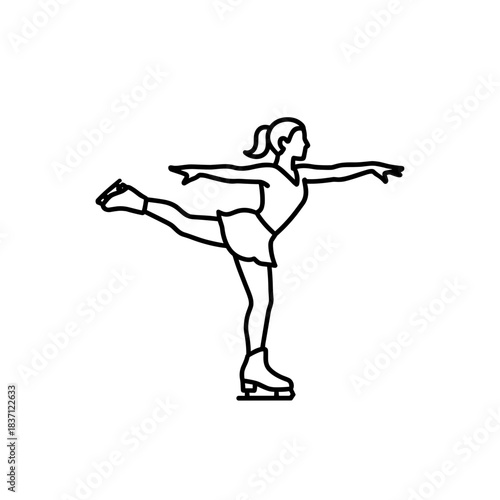 Figure skater performing a spin, graceful movement, line art illustration on transparent background