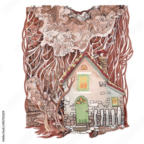 house in the woods kids book illustration, fairytale gnome home