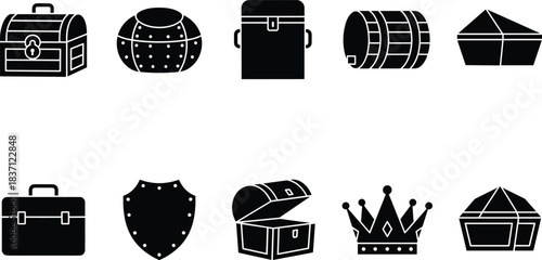 Black Treasure Chest, Crown, and Shield Silhouette Set, Pirate Loot and Medieval Fantasy Collection Isolated on White Background, Game Icon Flat Vector Illustration