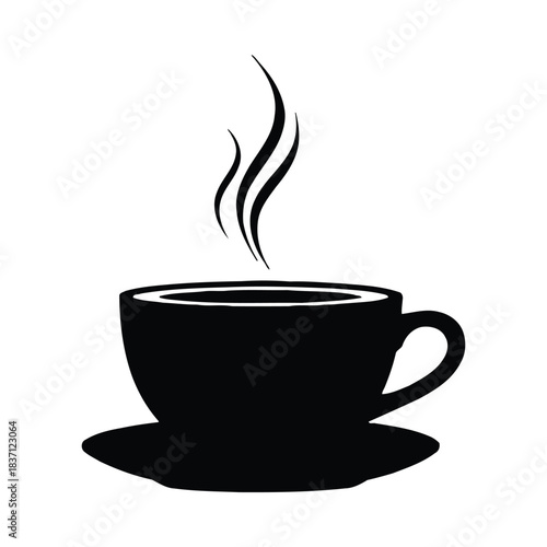 Black silhouette of a steaming coffee cup on a saucer with steam on a white background