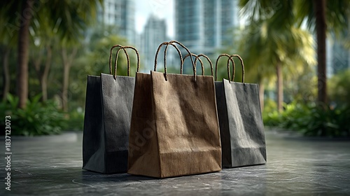 Series of shopping bags lined up on polished marble tiles with reflections of modern glass buildings.