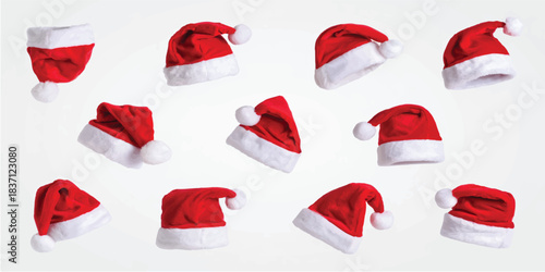 Set of red and white Santa Claus hats with fur trim, perfect Christmas and winter holiday celebration clothing