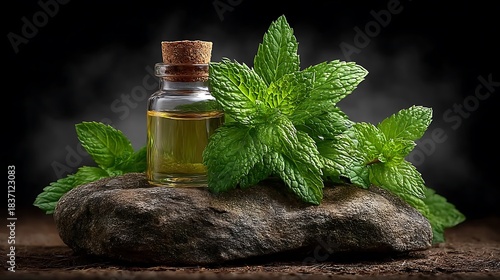 Peppermint essential oil in a transparent glass bottle with cork stopper, placed on natural stone with mint leaves.