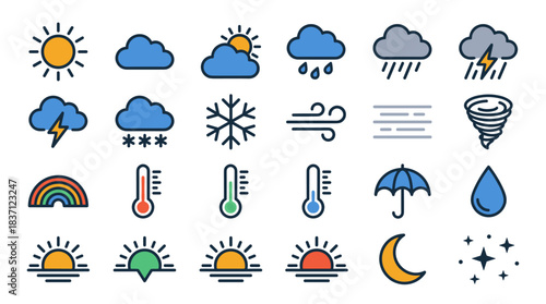 Weather and Forecast Vector Icon Sheet File – Sun, Cloud, and Climate Symbols