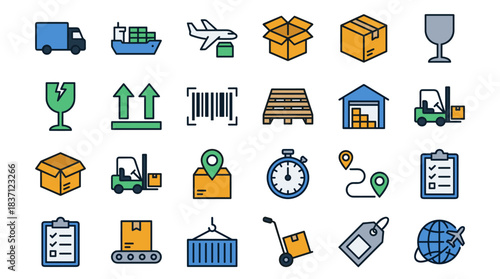 Logistics and Shipping Vector Icon Sheet File – Delivery, Warehouse, and Transport Symbols