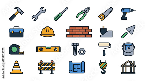 Construction and Tools Vector Icon Sheet File – Engineering, Building, and DIY Symbols