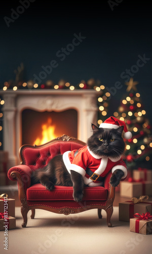 Santa cat relaxing by the fireplace – A humorous christmas scene