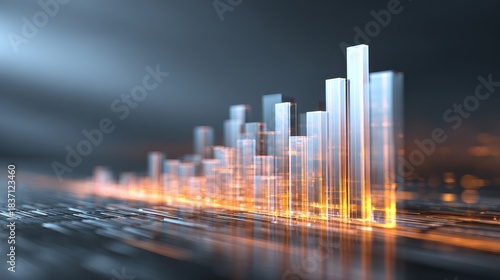Market momentum graph, translucent bars rising with soft glow, 3D illustration.