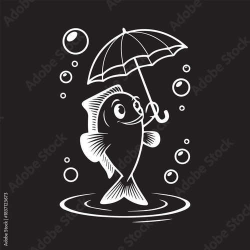 Cute Fish Holding Umbrella Cartoon – Funny Underwater Illustration