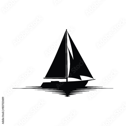 Black silhouette of a sailboat on rippling water with reflection sailing ship