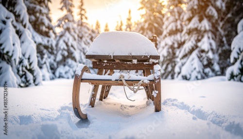 Wallpaper Mural Wooden Sled Covered in Fresh Snow in Sunlit Winter Forest Torontodigital.ca