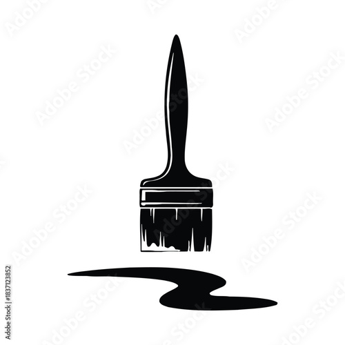 Black Silhouette of a Paintbrush with a Puddle of Paint on White Background Keywords: paintbrush, paint, art, artist