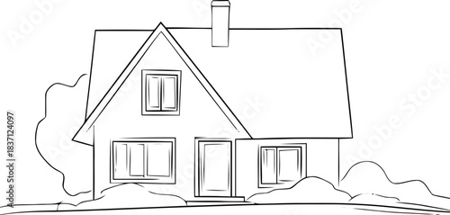 Simple home outline drawing, idyllic residential architecture concept with chimney and natural