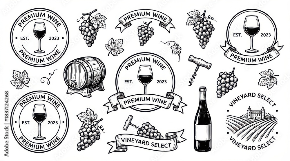 Fototapeta premium clean wine glasses and vineyard elements doodle set ready for logos labels and stickers isolated on white background