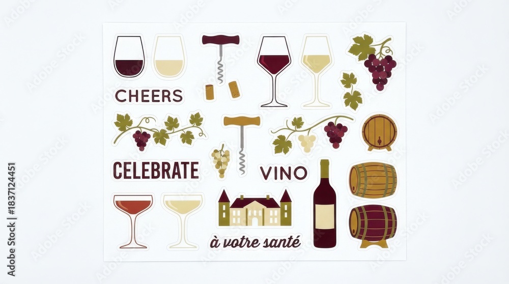 Fototapeta premium modern wine glasses and vineyard elements sticker pack designed for greeting cards invitations and decor isolated on white background
