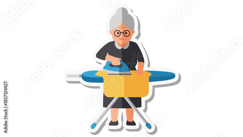 Elderly Woman Ironing Clothes on a Blue Ironing Board with a Yellow Garment Flat Design Illustration with a Black Background