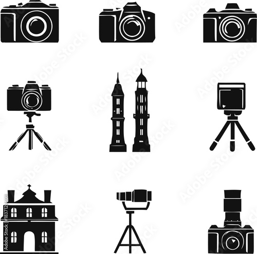 Collection of camera gear, diverse architectural icons and capturing technology in monochrome