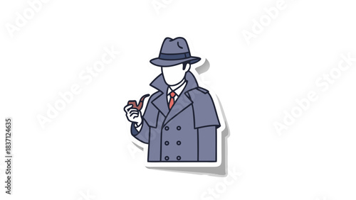 Detective in Fedora Hat and Trench Coat Holding Pipe Smokin Retro Style Illustration Silhouette Black Background