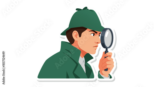 Detective Man Wearing Green Trench Coat and Hat Holding Magnifying Glass Inspecting Object Dark Black Background Cinematic Lighting Focused Intense Expression Detailed Illustration