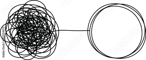 Abstract minimalist illustration depicting a journey from tangled chaos to clear order, symbolizing effective problem-solving and simplified understanding