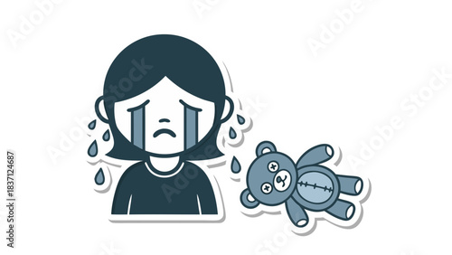 Distressed young person with tears streaming down their face beside a sad teddy bear symbolizing loneliness and sorrow in a simple graphic illustration