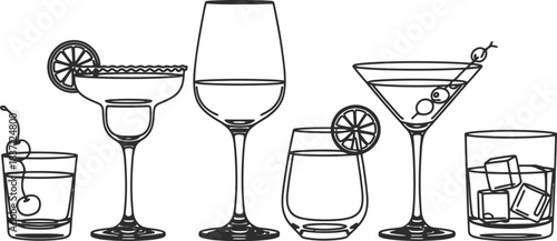 A minimalist graphic design celebrating a collection of classic cocktail glasses, perfect for bar menus, invitations, and beverage-themed projects, presented as a versatile vector illustration