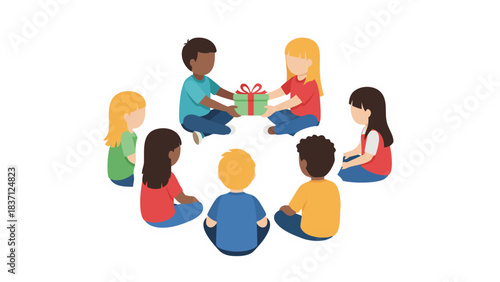 Diverse group of children sitting in a circle passing a gift box with green wrapping and red ribbon a symbol of sharing and community in a bright environment