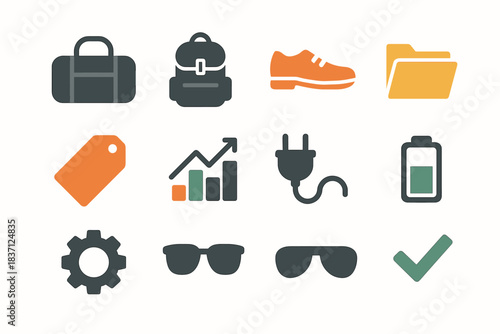 Vector duffel weekend folder bag chart trip battery plug icon gear tag