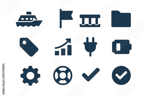 Minimal icon ferry checkmark flag battery folder vector tag pier gear