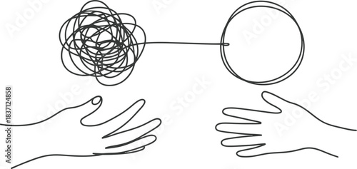 A Minimalist Line Drawing in Black and White Illustrating the Process of Untangling Complex Problems into Simple Solutions