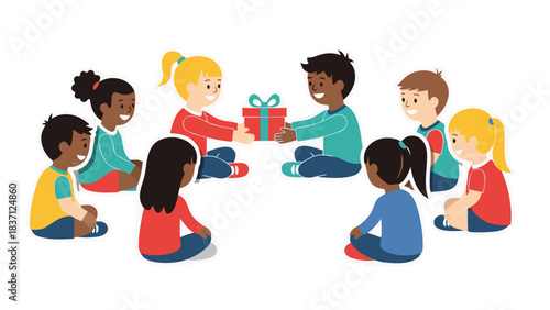 Diverse Group of Children Sitting in Circle Exchanging a Gift Box During a Celebration Outdoors