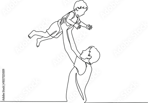 A continuous line drawing capturing a father's joyful embrace as he tosses his child into the air in a moment of pure bliss and connection