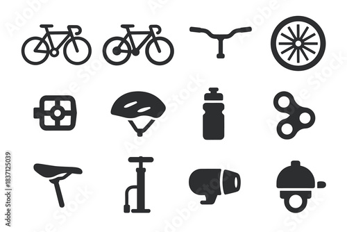 Icon set pedal bell bicycle road seat bottle wheel light helmet vector