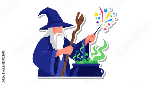 Elderly Wizard in Blue Robes and Pointed Hat Casting Spell with Wand Over Bubbling Cauldron Emitting Green Smoke and Colorful Sparkles Against Black Background Detailed Illustration