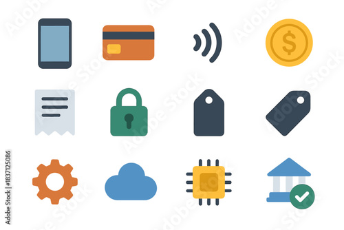 Vector coin card checkmark wallet gear icon signal smartphone digital icons chip