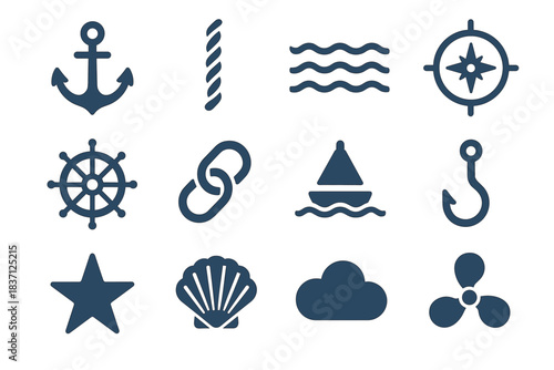 Ship icon cloud set vector compass buoy chain wave wheel propeller nautical