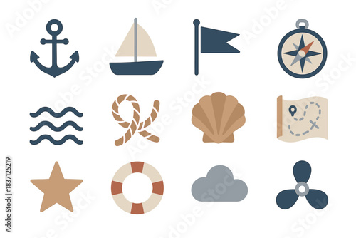 Sea cloud propeller buoy shell icons adventure ship star wave rope icon