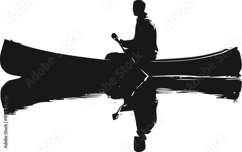 Silhouette portrait of a man paddling a canoe reflecting on a serene river