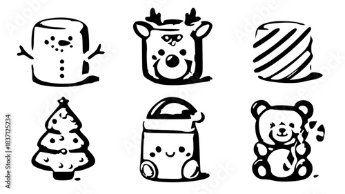 Black and White Marshmallow Christmas Vector – Cute Kawaii Holiday Line Art
