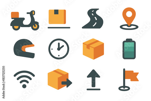 Arrow map signal box vector pin flag parcel delivery scooter set icon
